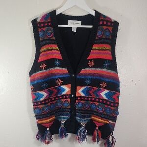 Casual Corner Vintage Wool Mix Colorful Knit Vest with Tassels Size M